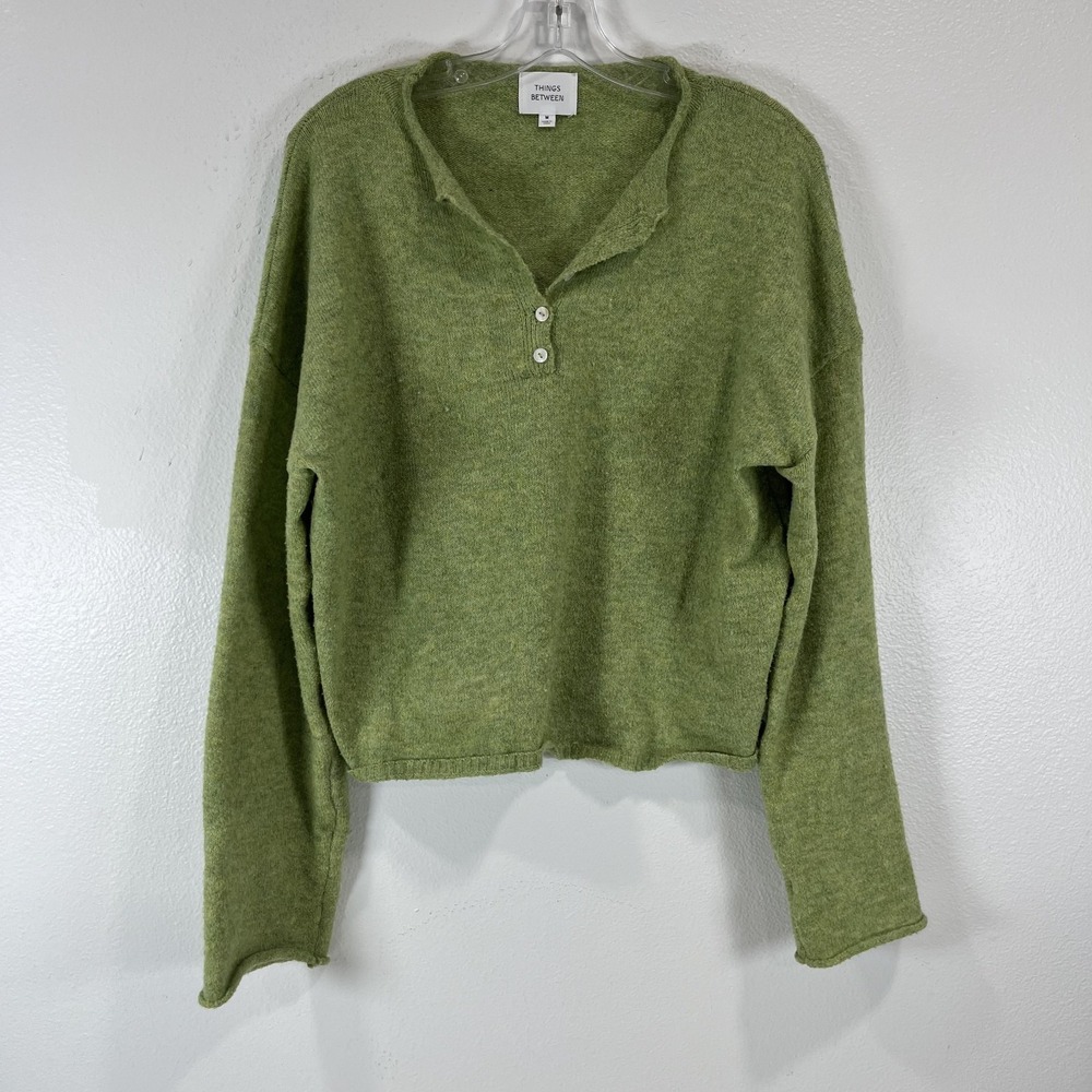 Womens‎ M Henley Sweater Chunky Green Knit Heavy Button Cropped Wool Blend